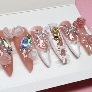 Coquette Wedding Inspired Stiletto Floral Press On Nails in White and Nude